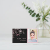 Roos Gold Blush Pink Black Floral | QR-code Busine Visitekaartje (Staand voorkant)