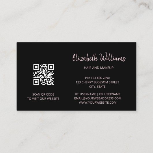 Roos Gold Blush Pink Black Floral | QR-code Busine Visitekaartje (Achterkant)