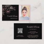 Roos Gold Blush Pink Black Floral | QR-code Busine Visitekaartje (Voorkant / Achterkant)