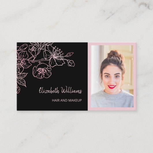 Roos Gold Blush Pink Black Floral | QR-code Busine Visitekaartje (Voorkant)