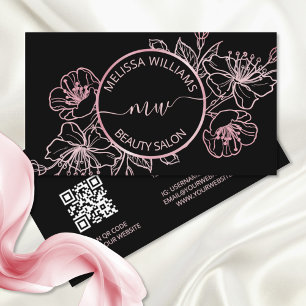 Roos Gold Blush Pink Black Floral   QR-code Visitekaartje