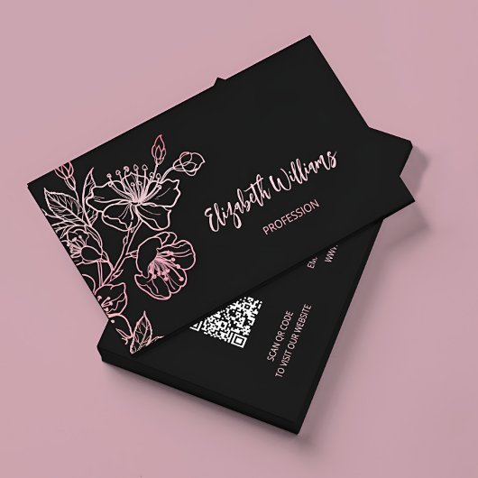 Roos Gold Blush Pink Black Floral | QR-code Visitekaartje