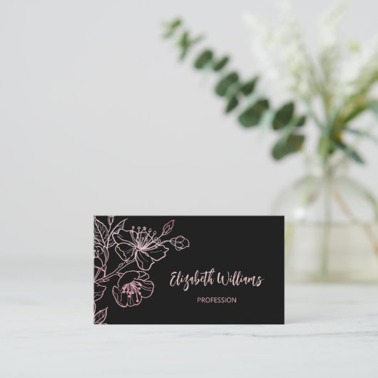 Roos Gold Blush Pink Black Floral | QR-code Visitekaartje (Staand voorkant)