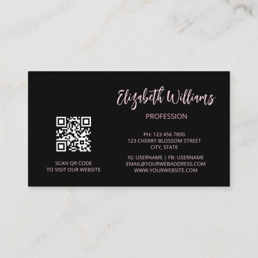 Roos Gold Blush Pink Black Floral | QR-code Visitekaartje (Achterkant)