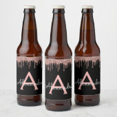Roos Gold - Blush Pink Black Glitter Monogram Naam Bier Etiket (Flessen)