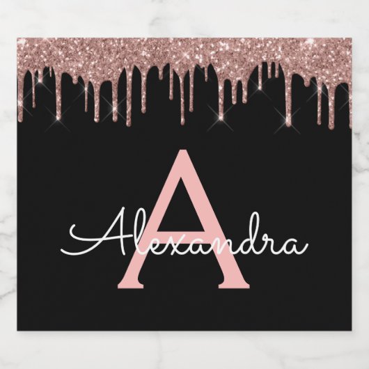 Roos Gold - Blush Pink Black Glitter Monogram Naam Bier Etiket (Enkel label)