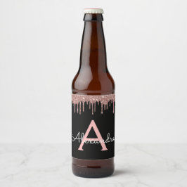 Roos Gold - Blush Pink Black Glitter Monogram Naam Bier Etiket