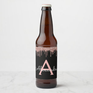 Roos Gold - Blush Pink Black Glitter Monogram Naam Bier Etiket