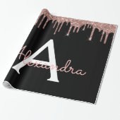 Roos Gold - Blush Pink Black Glitter Monogram Naam Cadeaupapier (Uitgerold)