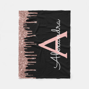 Roos Gold - Blush Pink Black Glitter Monogram Naam Fleece Deken
