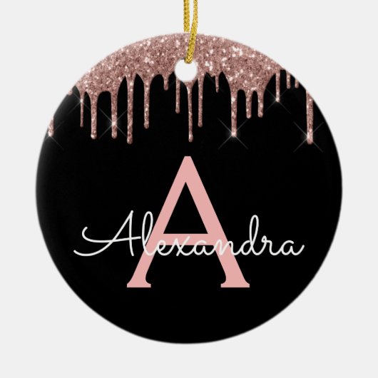 Roos Gold - Blush Pink Black Glitter Monogram Naam Keramisch Ornament (Voorkant)