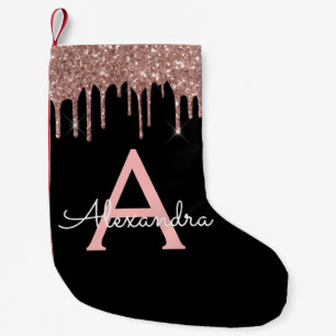 Roos Gold - Blush Pink Black Glitter Monogram Naam Kleine Kerstsok