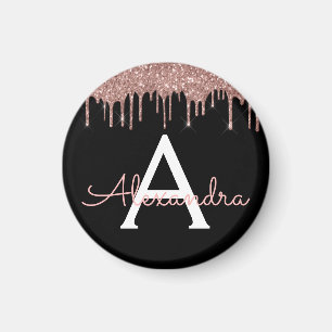 Roos Gold - Blush Pink Black Glitter Monogram Naam Magneet