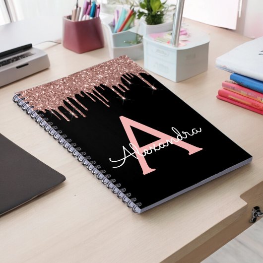 Roos Gold - Blush Pink Black Glitter Monogram Naam Notitieboek