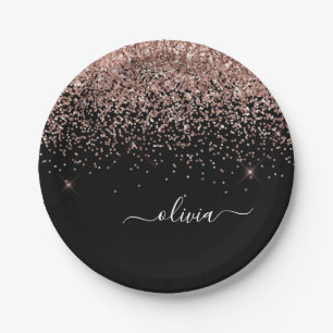 Roos Gold - Blush Pink Black Glitter Monogram Naam Papieren Bordje