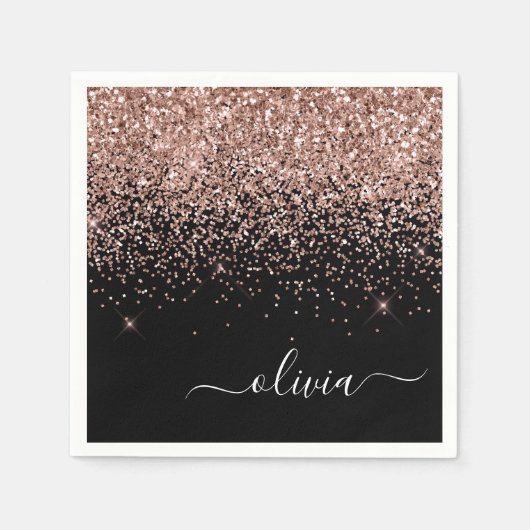 Roos Gold - Blush Pink Black Glitter Monogram Naam Servet (Voorkant)