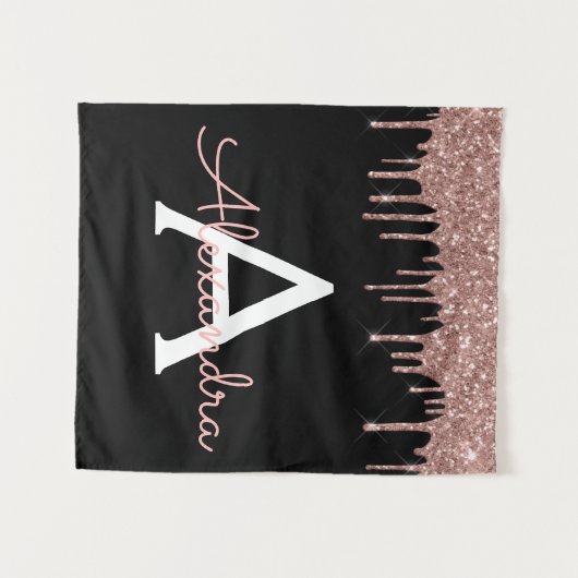 Roos Gold - Blush Pink Black Glitter Monogram Naam Wandkleed (Voorkant (horizontaal))