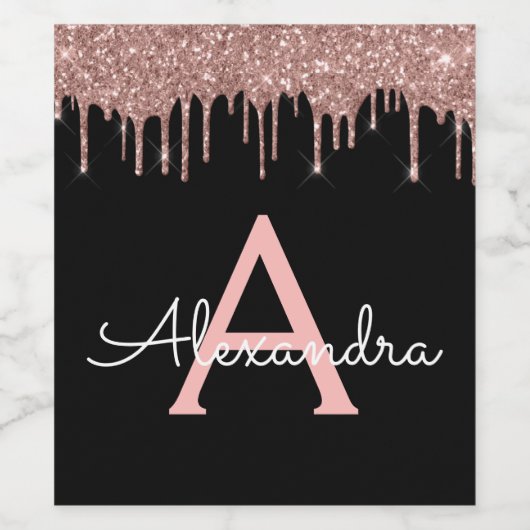 Roos Gold - Blush Pink Black Glitter Monogram Naam Wijn Etiket (Enkel label)