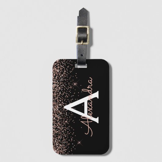 Roos Gold Blush Pink Black Glitter Monogram Reizen Bagagelabel (Voorkant (verticaal))
