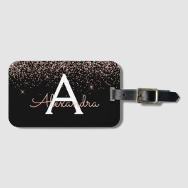 Roos Gold Blush Pink Black Glitter Monogram Reizen Bagagelabel