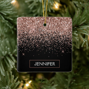 Roos Gold - Blush Pink Black Glitter Sparkle Name Keramisch Ornament