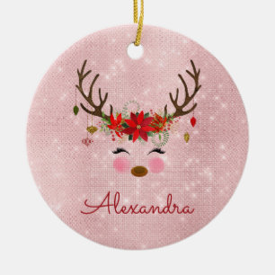 Roos Gold - Blush Pink Christmas Rendier Monogram Keramisch Ornament