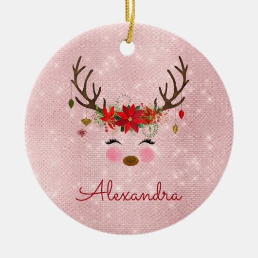 Roos Gold - Blush Pink Christmas Rendier Monogram Keramisch Ornament (Voorkant)