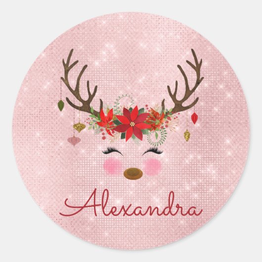 Roos Gold - Blush Pink Christmas Rendier Monogram Ronde Sticker (Voorkant)