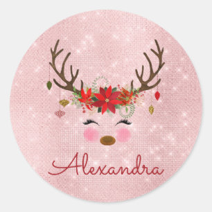 Roos Gold - Blush Pink Christmas Rendier Monogram Ronde Sticker