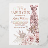Roos Gold, Blush Pink Dress 50th Birthday Party Folie Uitnodiging (Voorkant)