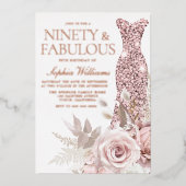 Roos Gold, Blush Pink Dress 90th Birthday Party Folie Uitnodiging (Voorkant)