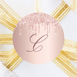 Roos Gold Blush Pink Druppels Monogram initiaal Ronde Sticker