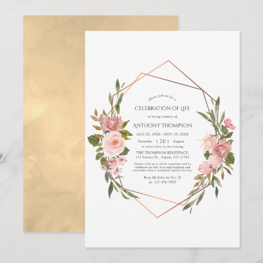 Roos Gold & Blush Pink Floral Celebration of Life Kaart (Voorkant / Achterkant)