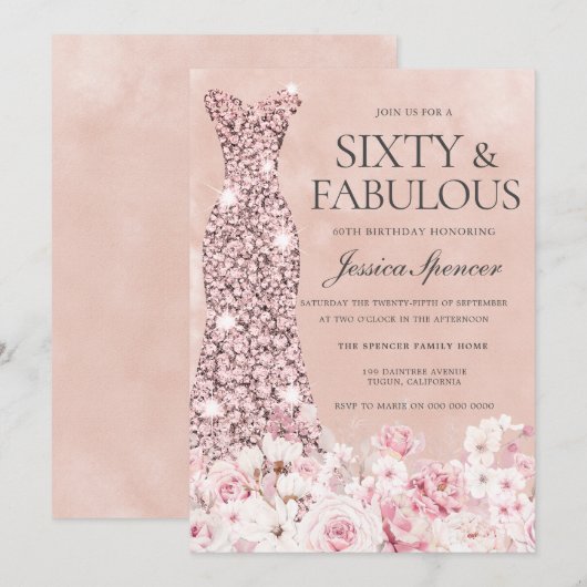 Roos Gold Blush Pink Floral Fabulous 60th Birthday Kaart (Voorkant / Achterkant)