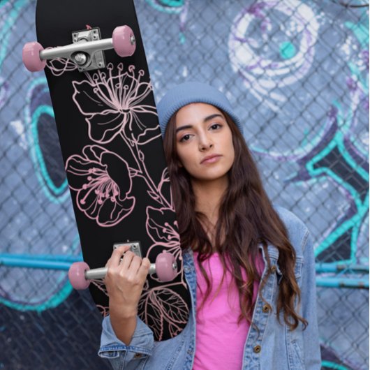 Roos Gold Blush Pink Floral Line Art Persoonlijk Skateboard