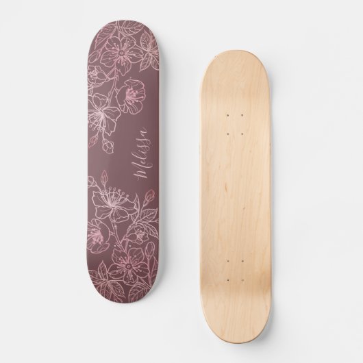 Roos Gold Blush Pink Floral Monogram Skateboard (Voorkant)