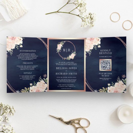 Roos Gold Blush Pink Floral QR Code Navy Weddensch Drieluik Uitnodiging