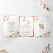 Roos Gold Blush Pink Floral QR Code Weddenschap Drieluik Uitnodiging (Binnen)