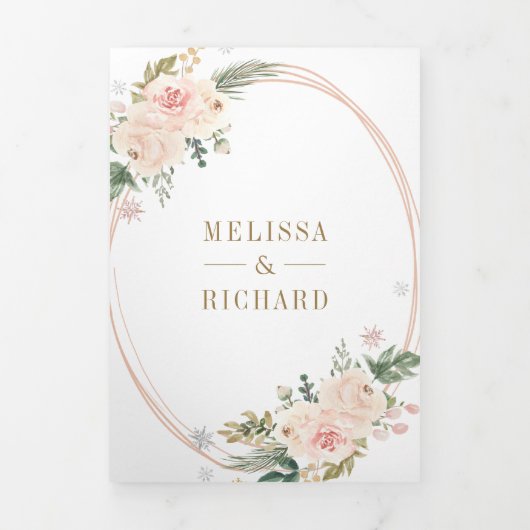 Roos Gold Blush Pink Floral QR Code Weddenschap Drieluik Uitnodiging (Cover)