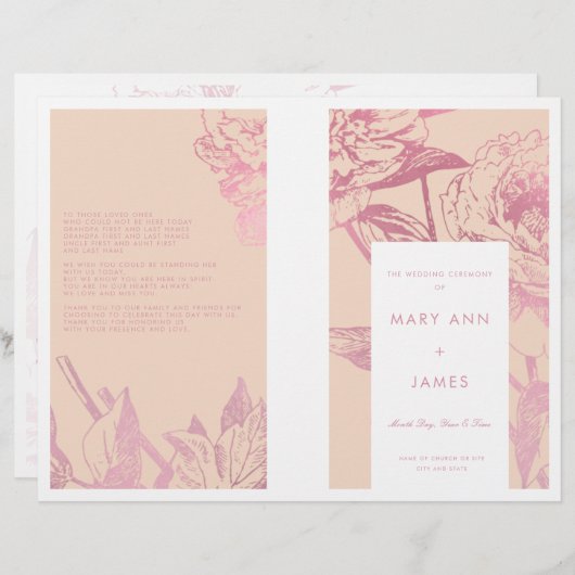Roos Gold Blush Pink Floral Wedding Programme (Voorkant / Achterkant)