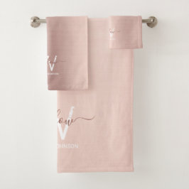Roos Gold Blush Pink Girly Glitter Dust Monogram Bad Handdoek