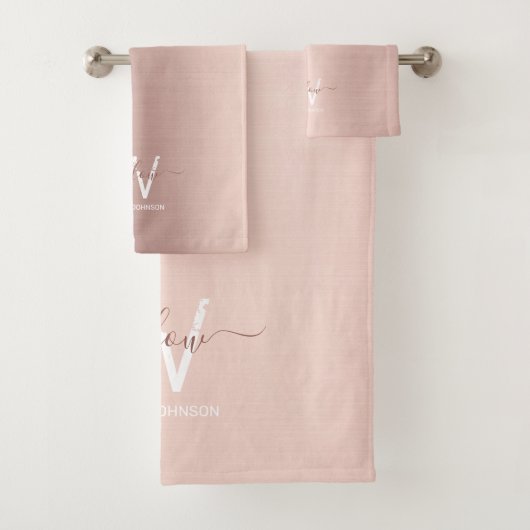 Roos Gold Blush Pink Girly Glitter Dust Monogram Bad Handdoek (Insitu)