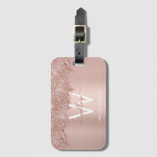 Roos Gold Blush Pink Girly Glitter Dust Monogram Bagagelabel (Voorkant (verticaal))
