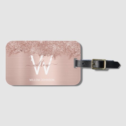 Roos Gold Blush Pink Girly Glitter Dust Monogram Bagagelabel (Voorkant (horizontaal))