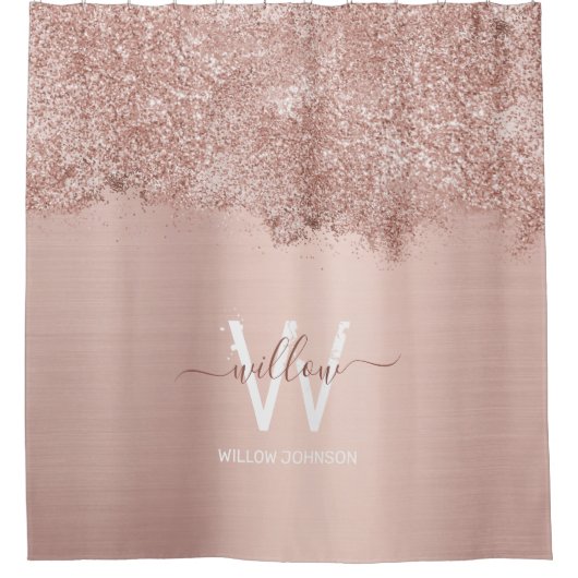 Roos Gold Blush Pink Girly Glitter Dust Monogram Douchegordijn (Voorkant)
