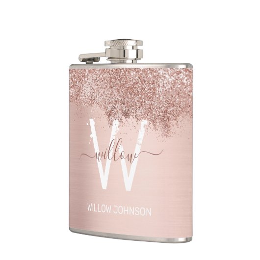 Roos Gold Blush Pink Girly Glitter Dust Monogram Heupfles (Links)