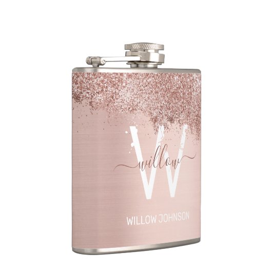 Roos Gold Blush Pink Girly Glitter Dust Monogram Heupfles (Rechts)