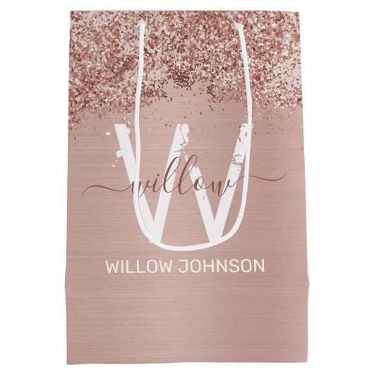 Roos Gold Blush Pink Girly Glitter Dust Monogram Medium Cadeauzakje (Achterkant)