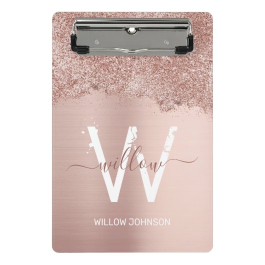 Roos Gold Blush Pink Girly Glitter Dust Monogram Mini Klembord (Voorkant)