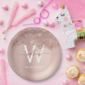 Roos Gold Blush Pink Girly Glitter Dust Monogram Papieren Bordje (Feest)